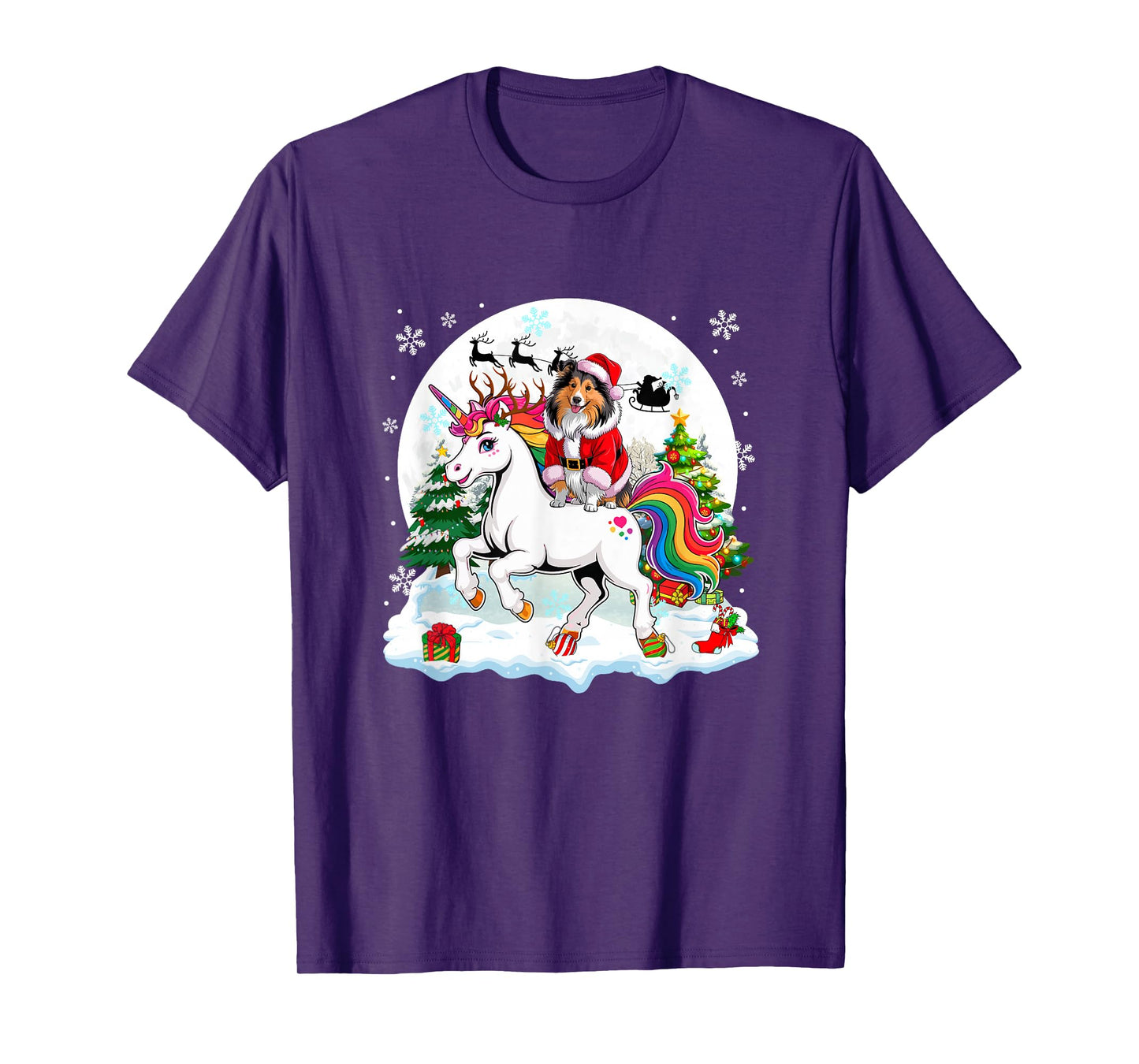 Santa Sheltie Riding Unicorn Reindeer Christmas Owner Kids T-Shirt