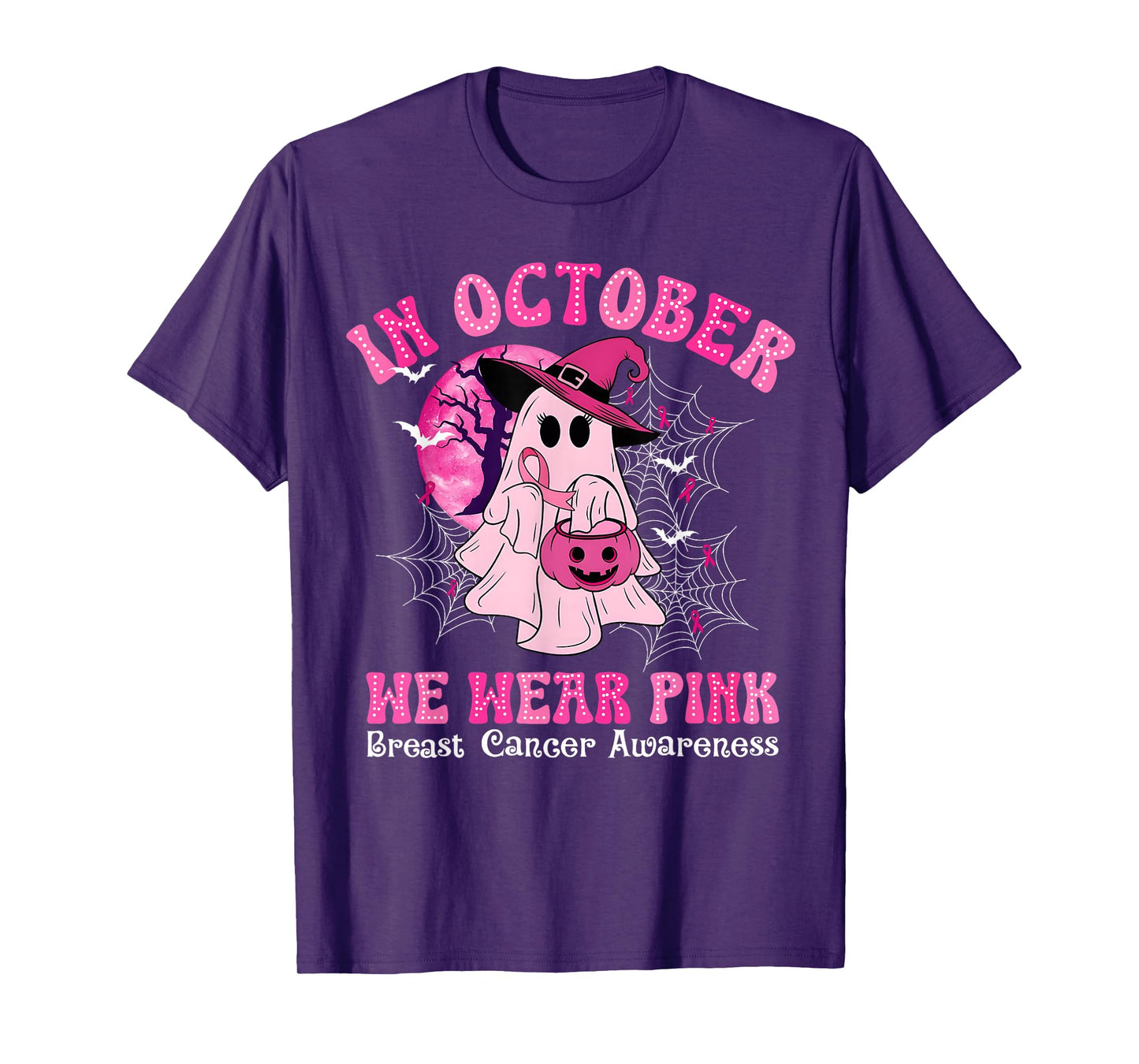 in October We Wear Pink Ghost Witch Breast Cancer Awareness T-Shirt