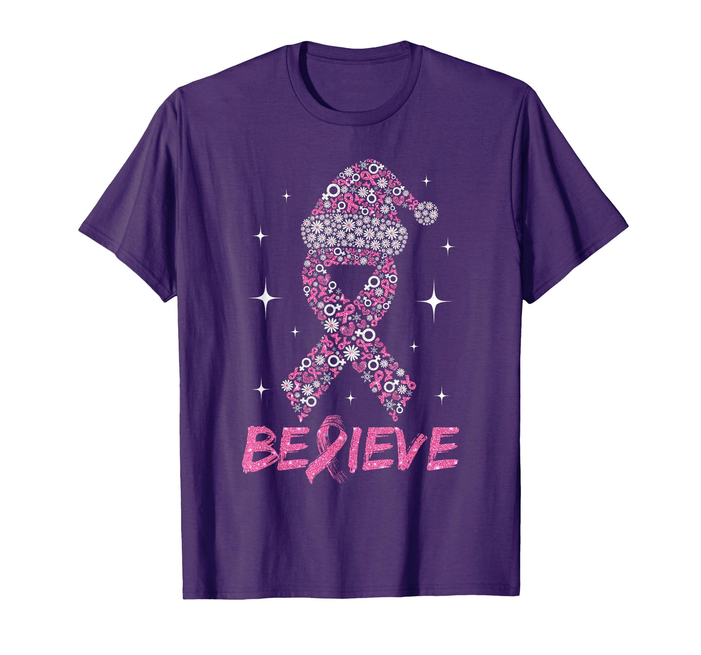 Believe Pink Ribbon with Santa Hat Christmas Breast Cancer T-Shirt