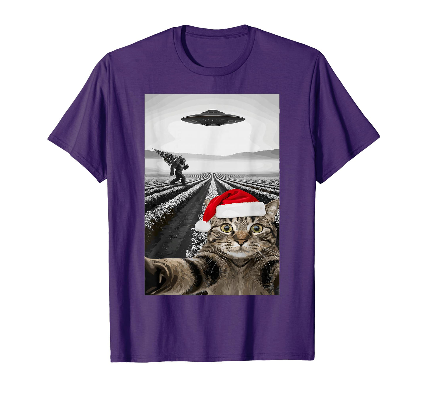 Christmas Cat Selfie Bigfoot UFO Santa Hat Funny T-Shirt
