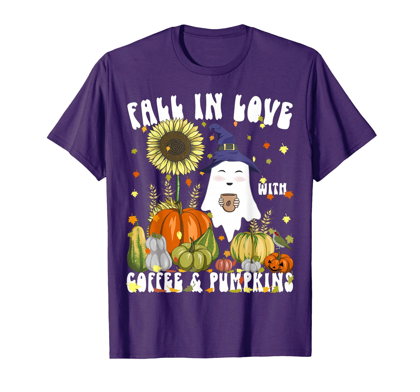 Fall in Love with Coffee & Pumpkins Witch Ghost Halloween T-Shirt