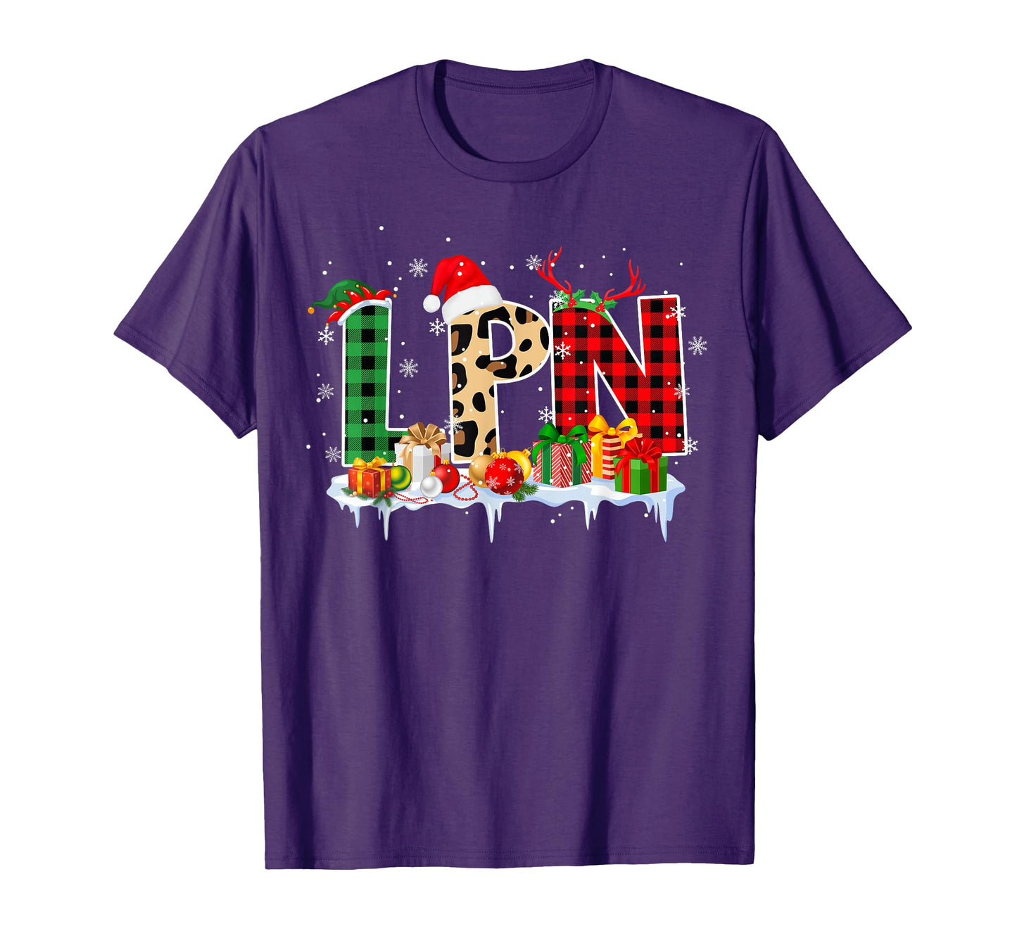 Leopard Red Plaid LPN Nursing Santa Hat Reindeer Christmas T-Shirt