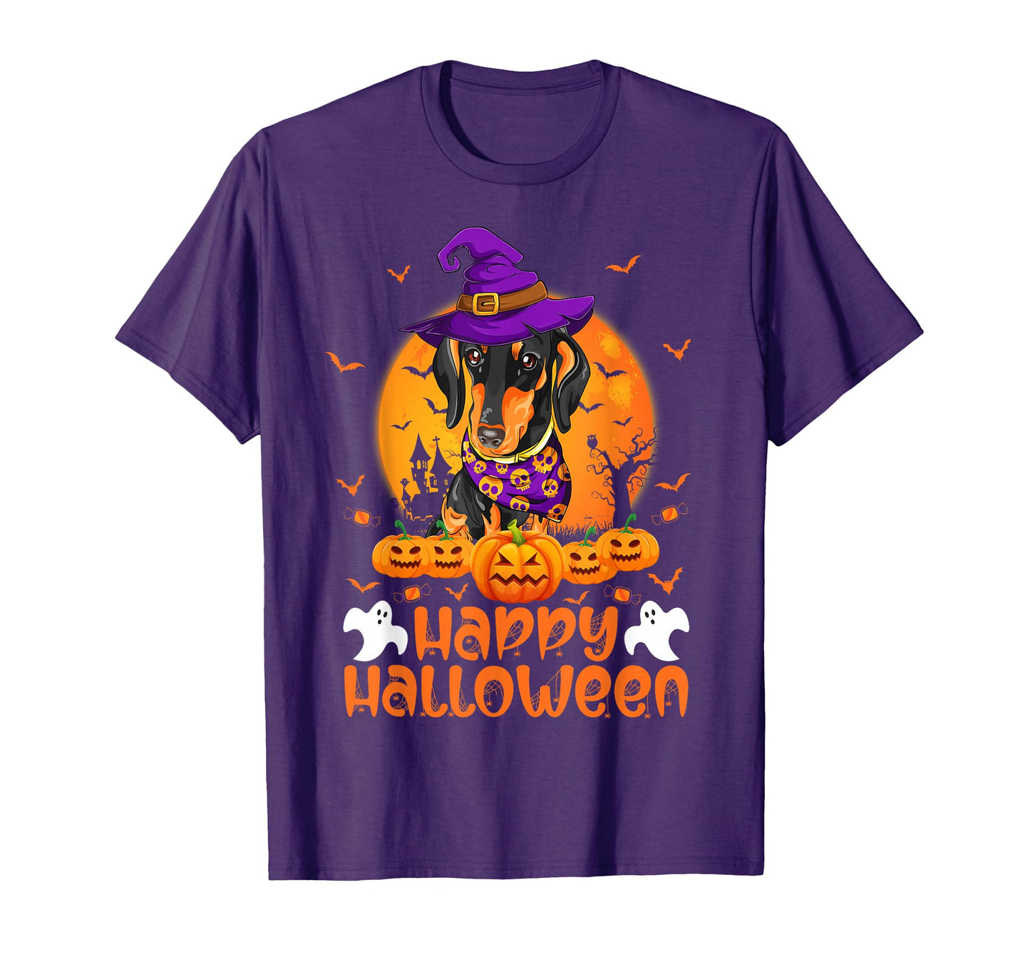 Vintage Pumpkin Dachshund Dog Witch Funny Halloween Costume T-Shirt