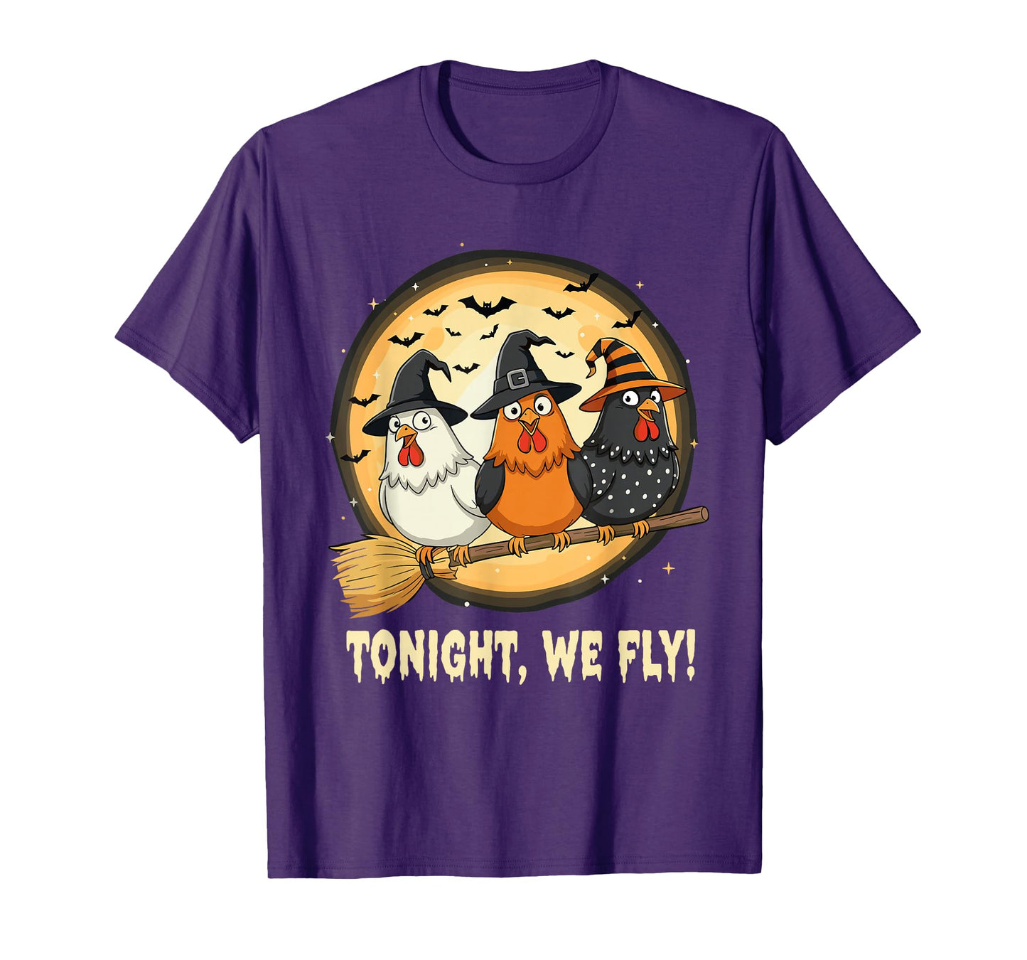 Halloween Witch Chickens Broomstick Funny Spooky Moon Tee T-Shirt