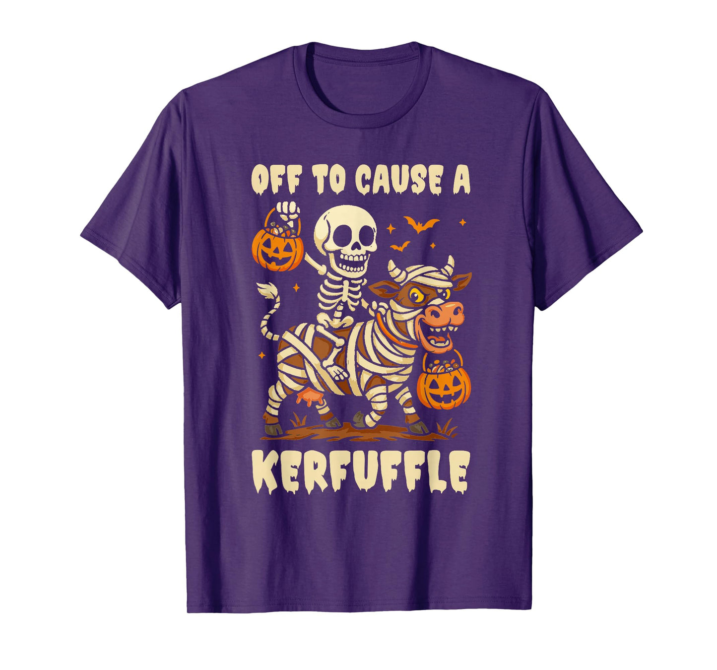 Off to Cause A Kerfuffle Funny Skeleton Riding Cow Halloween T-Shirt