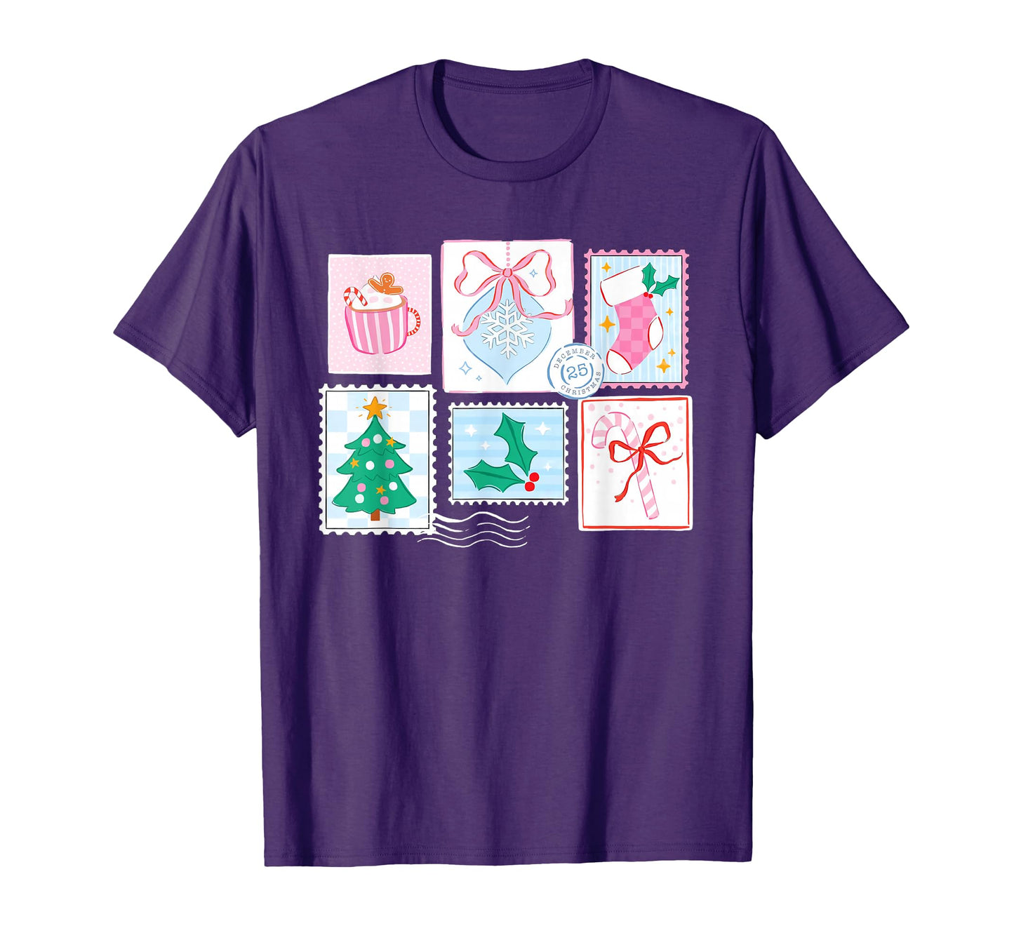 Preppy Pink Coquette Girly Vintage Christmas Stamp Santa T-Shirt