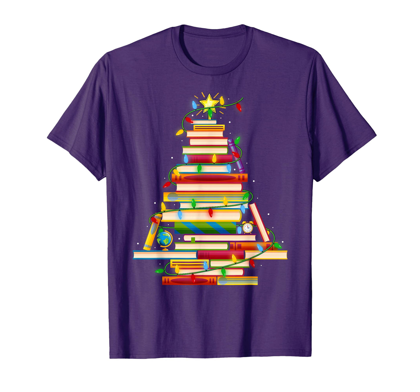 Book Christmas Tree Lights Book Lover Librarian Teacher Xmas T-Shirt