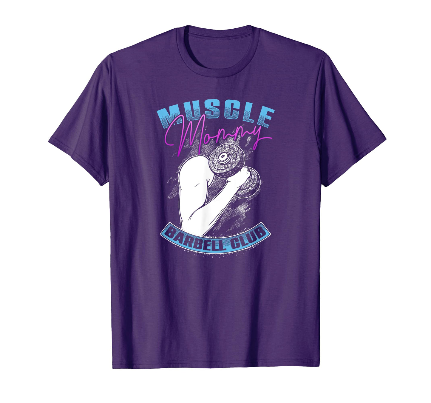 Retro Blue Pink Muscle Mommy Barbell Lifting Club T-Shirt