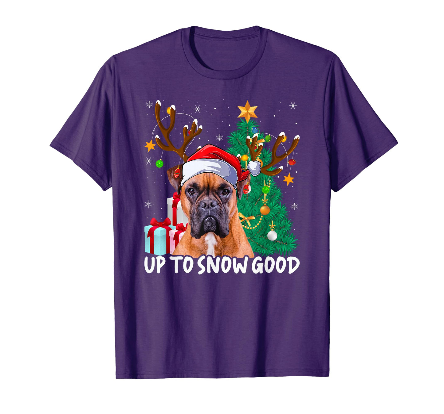 Boxer Dog Christmas Tree Lights Reindeer Santa Hat Xmas T-Shirt