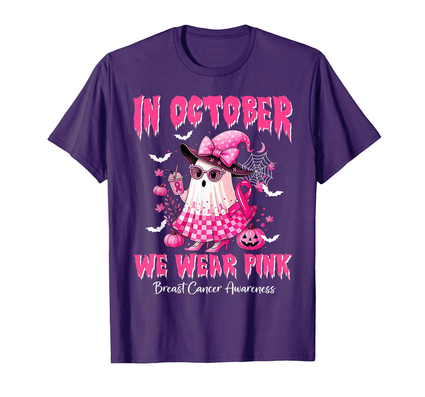 in October We Wear Pink Ghost Witch Breast Cancer Awareness T-Shirt