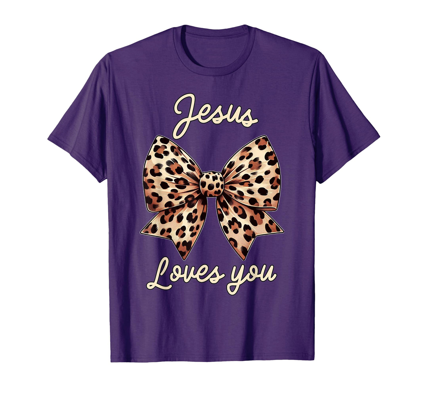 Cute Christian Design Leopard Coquette Bow Jesus Loves You T-Shirt