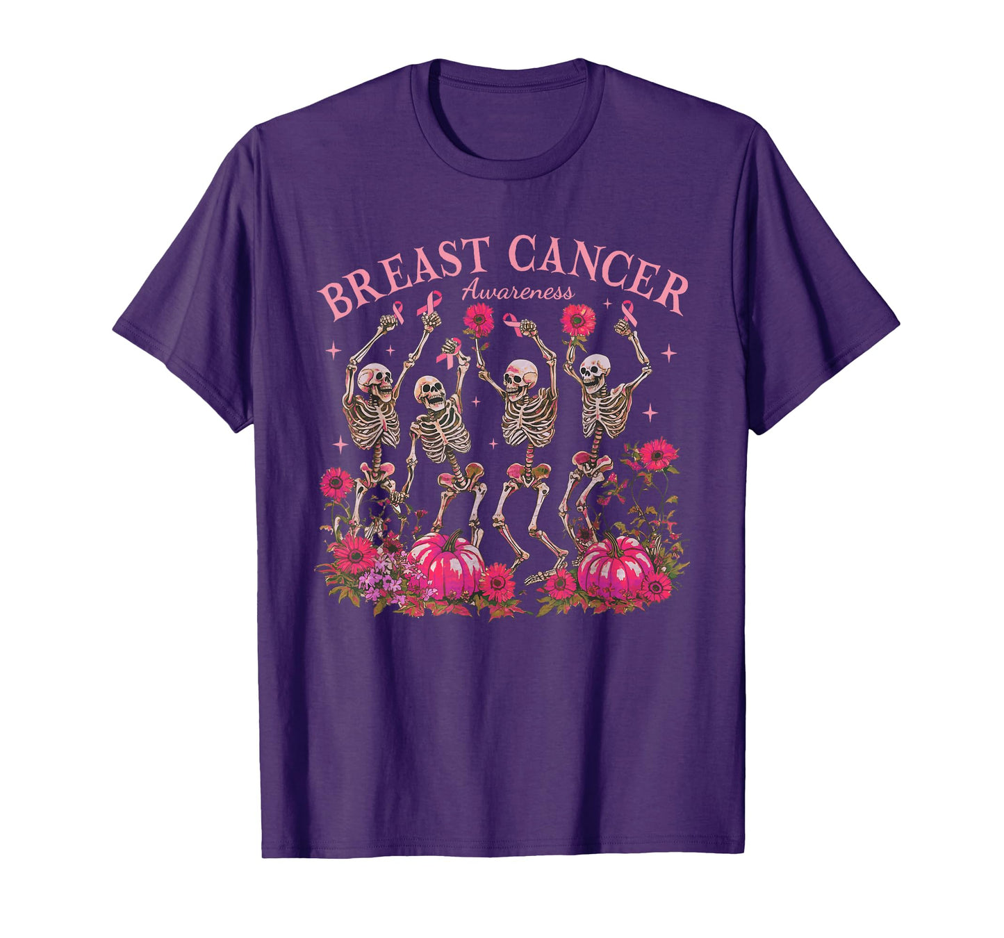 Breast Cancer Awareness Dancing Skeleton Pumpkin Halloween T-Shirt
