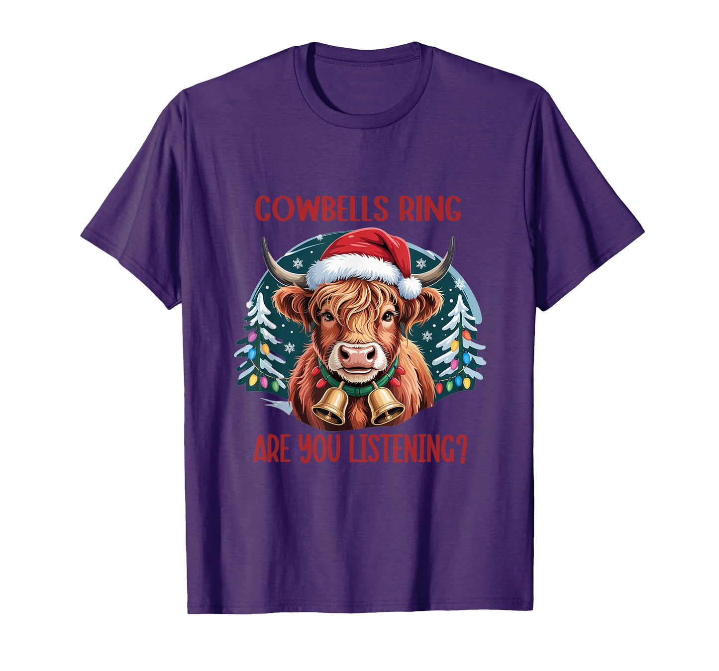 Cute Highland Cow Bells Funny Christmas Cows Lover Santa Hat T-Shirt