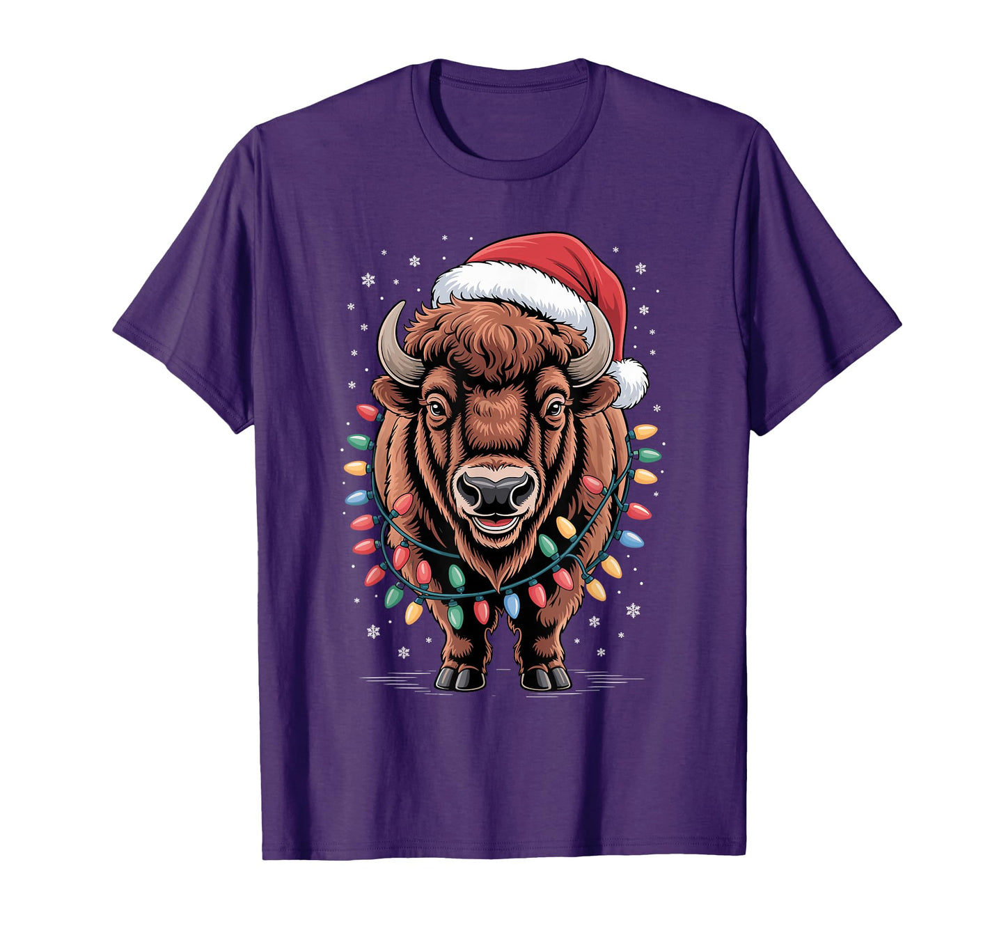 Christmas Bison Buffalo Holiday Colorful Light Santa Hat Fun T-Shirt