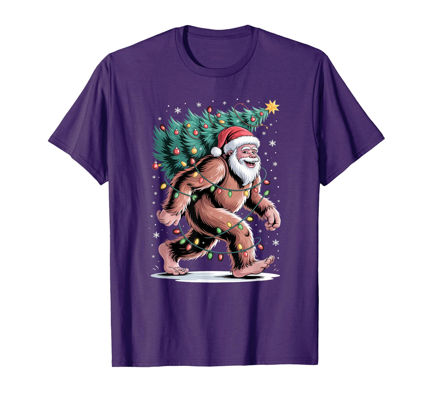 Cute Santa Bigfoot Carrying Decorated Christmas Tree T-Shirt