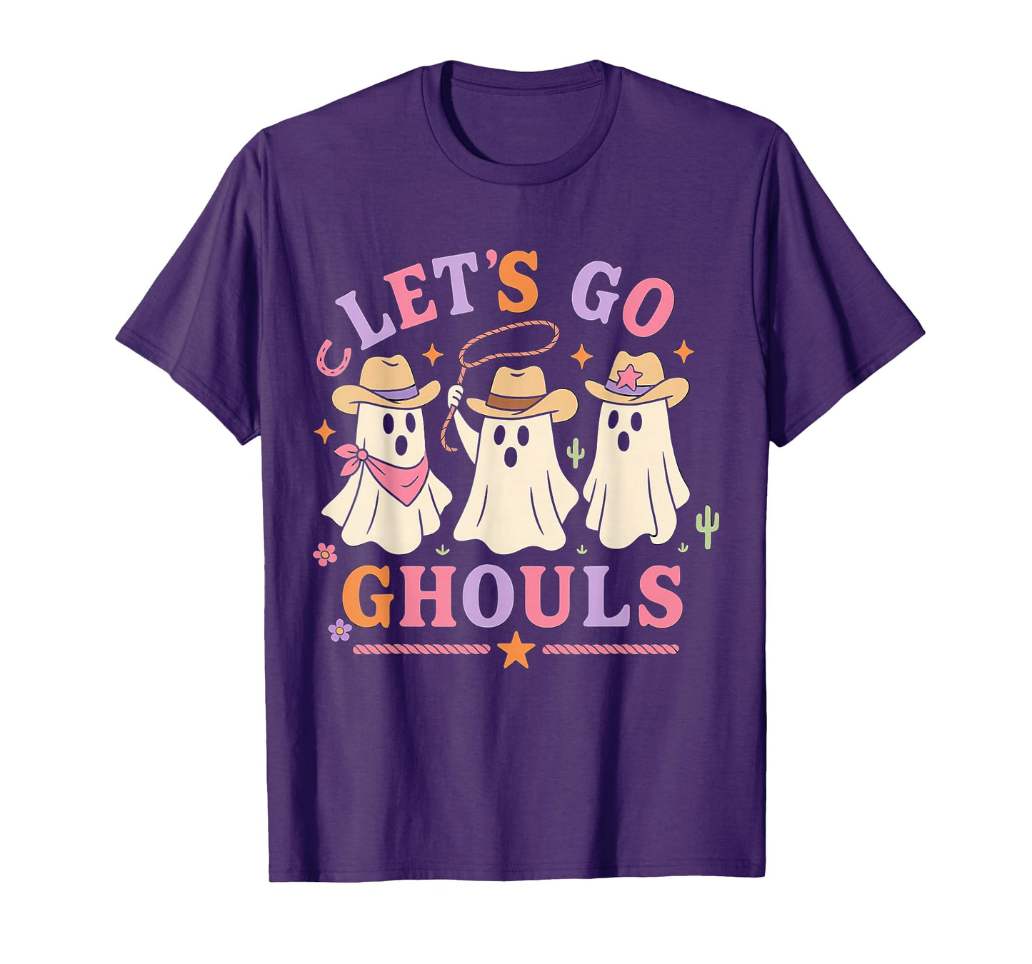 Let's Go Ghouls Halloween Ghost Costume Retro Groovy Cowgirl T-Shirt