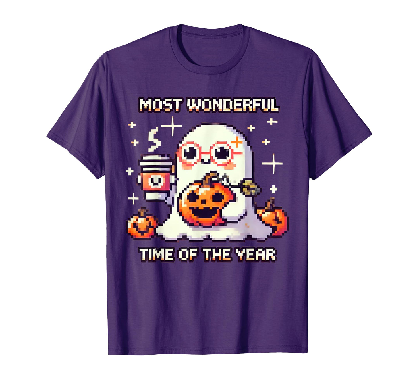 Halloween Pixel Ghost Drinking Coffee Lover Cute Ghost Gamer T-Shirt