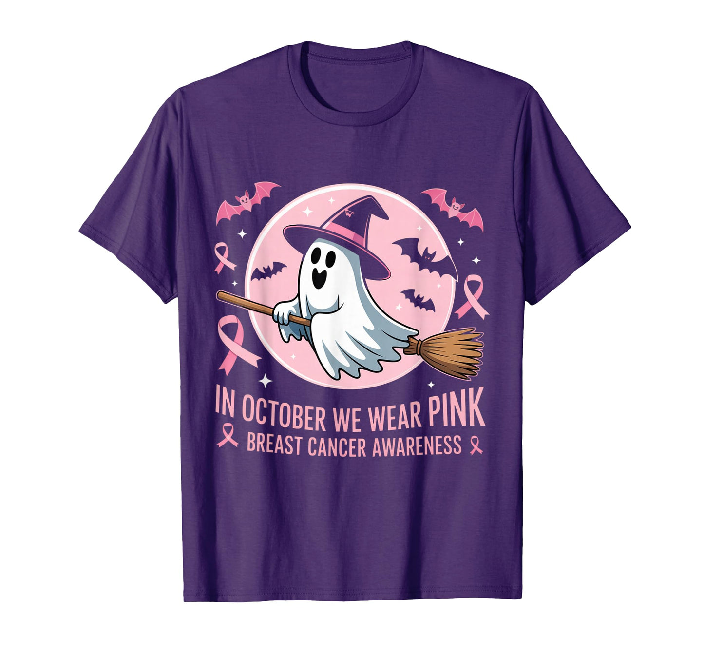 in October We Wear Pink Ghost Witch Breast Cancer Awareness T-Shirt