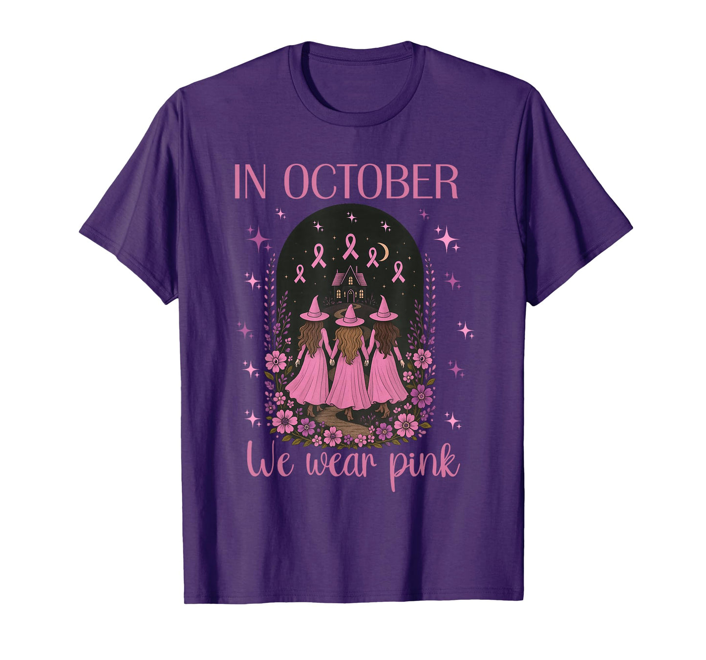 in October We Wear Pink Witch Halloween Breast Cancer Women T-Shirt