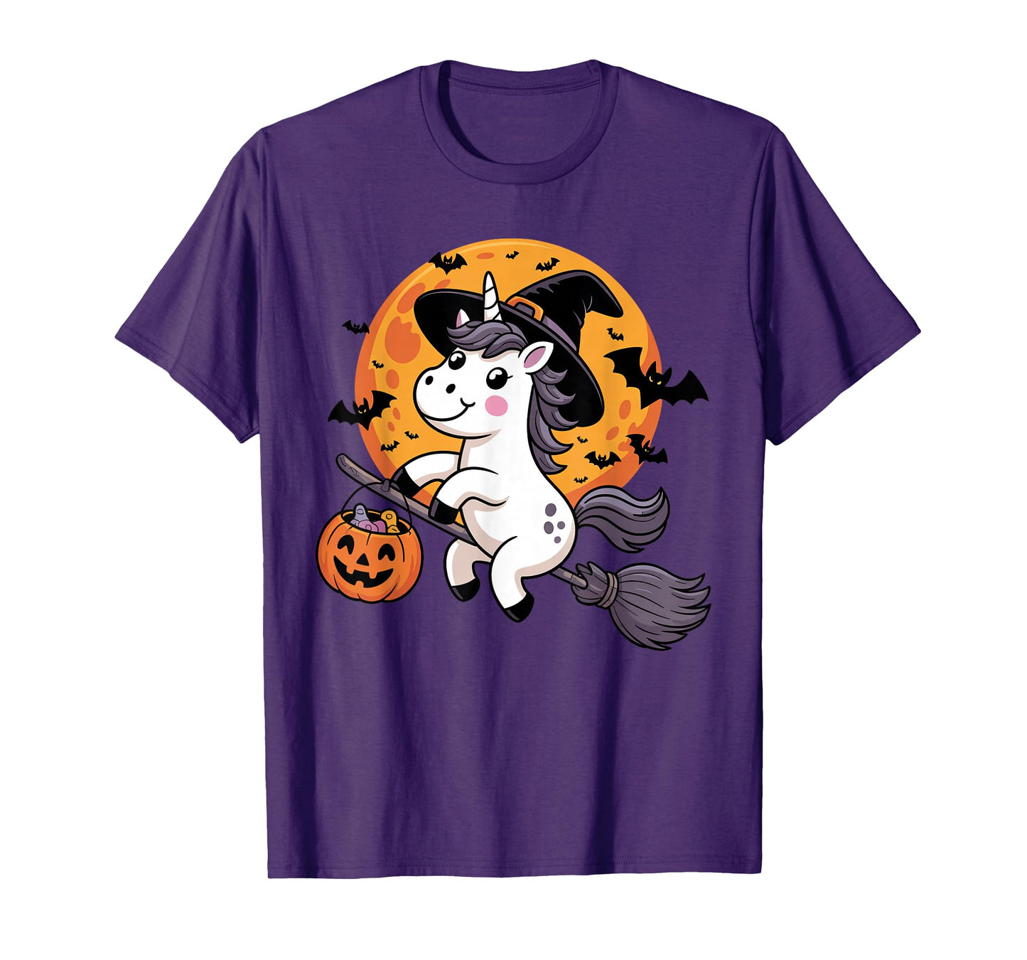 Halloween Unicorn Witch Hat and Broom Pumpkin Candy Bucket T-Shirt