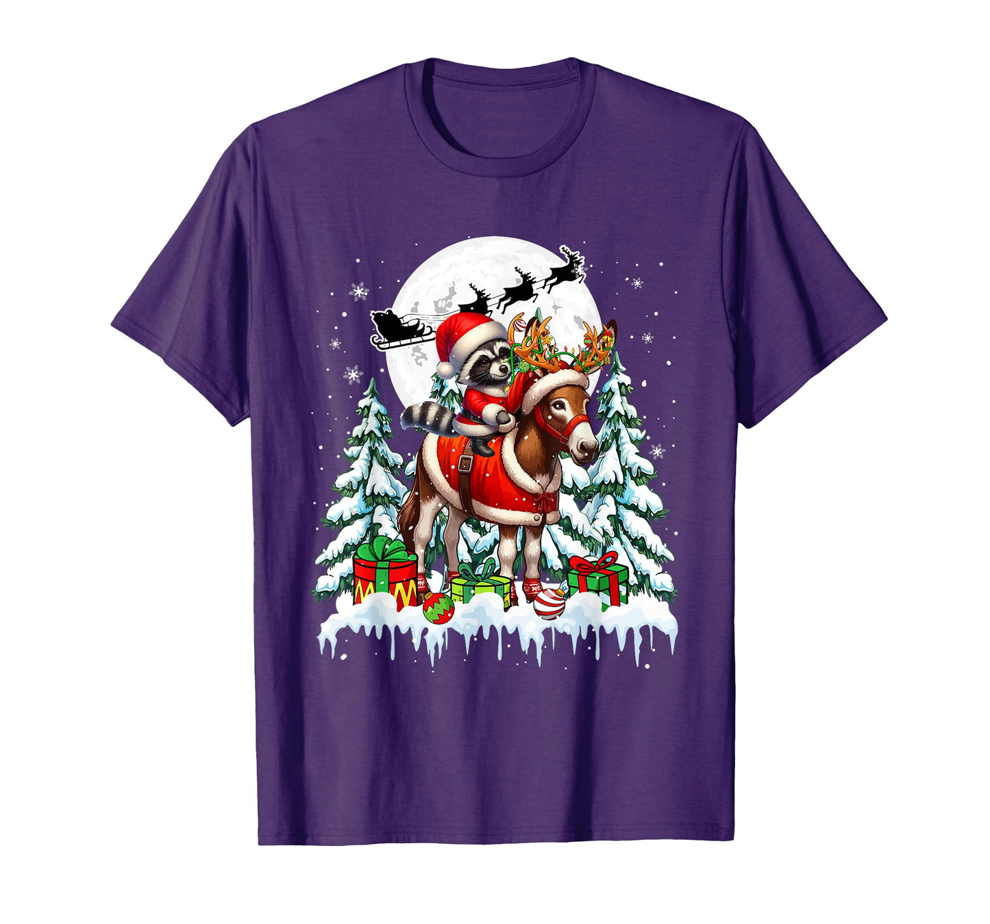 Santa Raccoon Riding Reindeer Donkey Christmas Trees Farmer T-Shirt