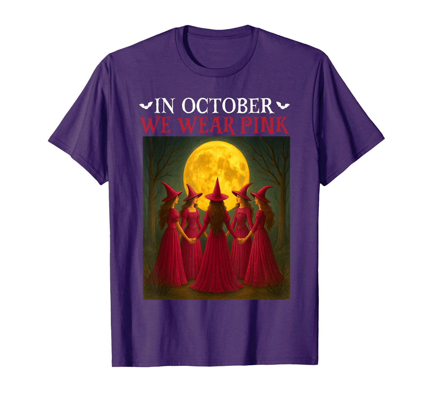 in October We Wear Pink Witch Halloween Breast Cancer Women T-Shirt