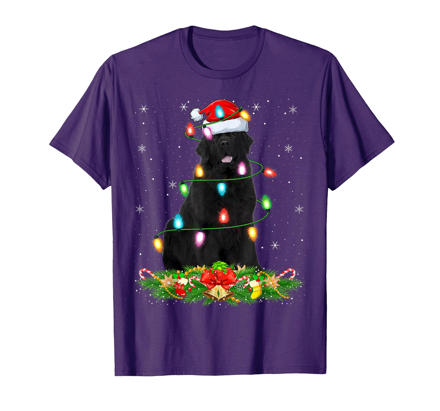 Newfoundland Dog Christmas Lights Funny Santa Hat Xmas T-Shirt