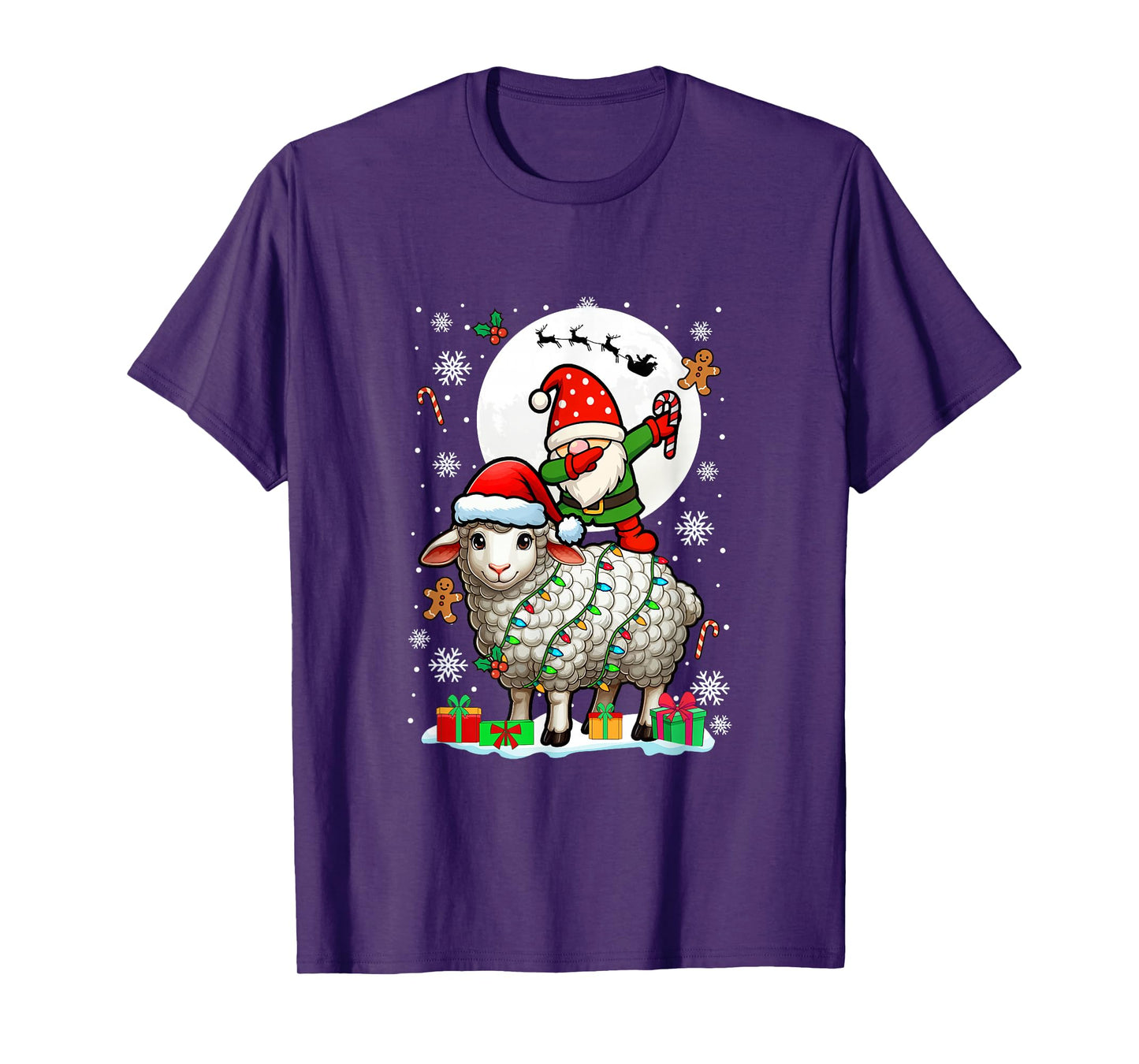 Dabbing Gnome On Sheep Christmas Santa Colorful Lights T-Shirt