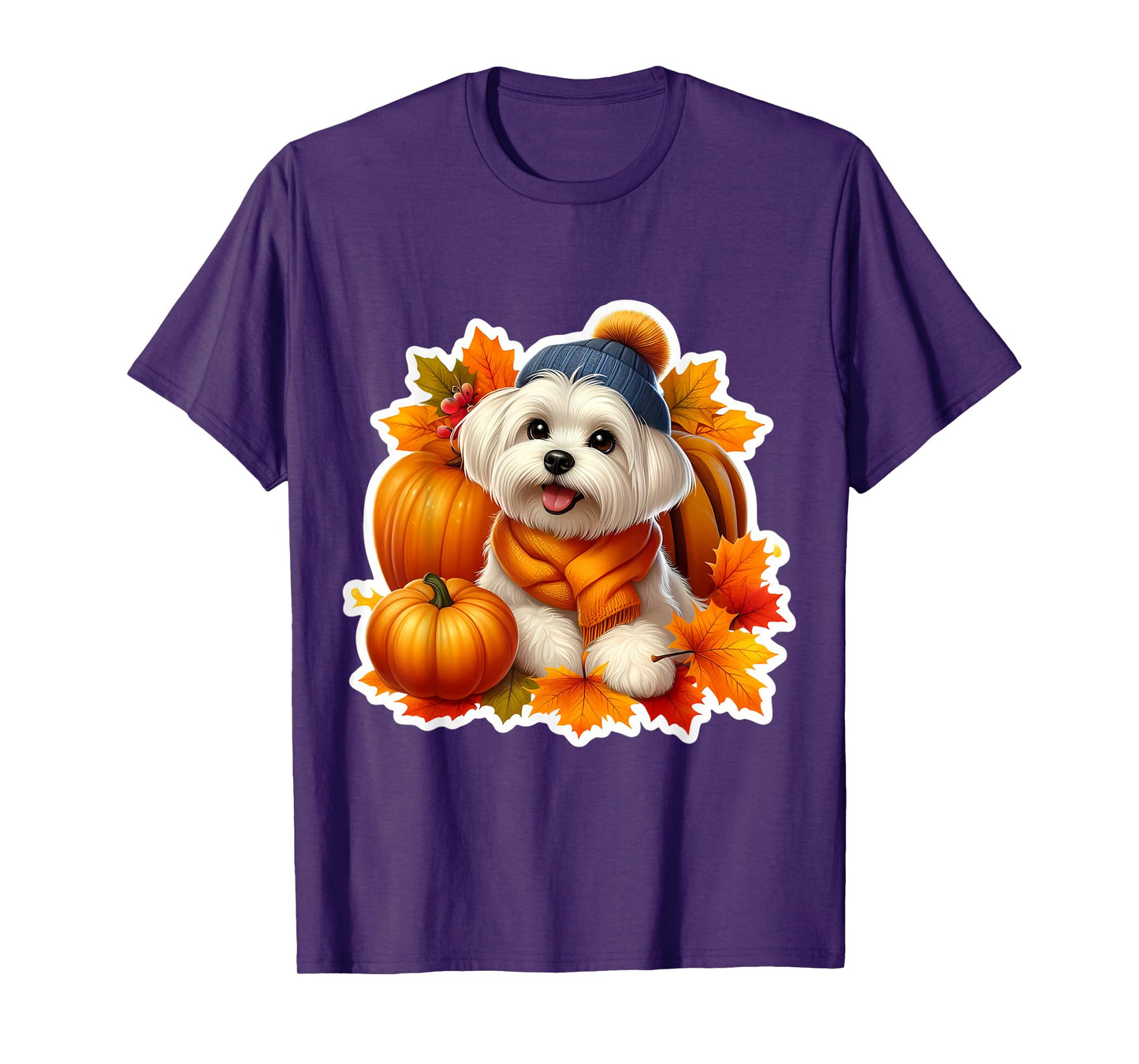 Autumn Fall Maltese Dog Owner Lover Pumpkin Leaves Vintage T-Shirt