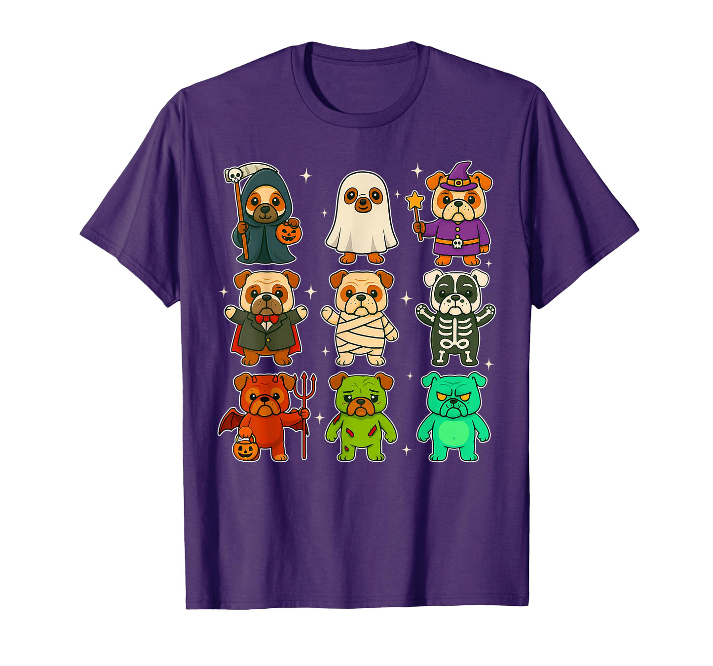 Cute Bulldog Dogs Witch Pumpkin Skeleton Costume Halloween T-Shirt