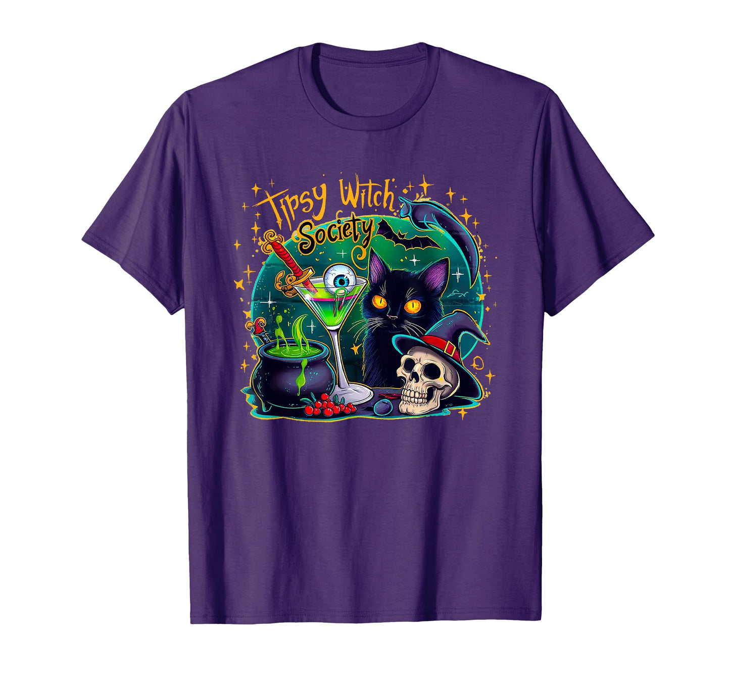 Tipsy Witch Society Halloween Black Cat Cocktail Drinking T-Shirt