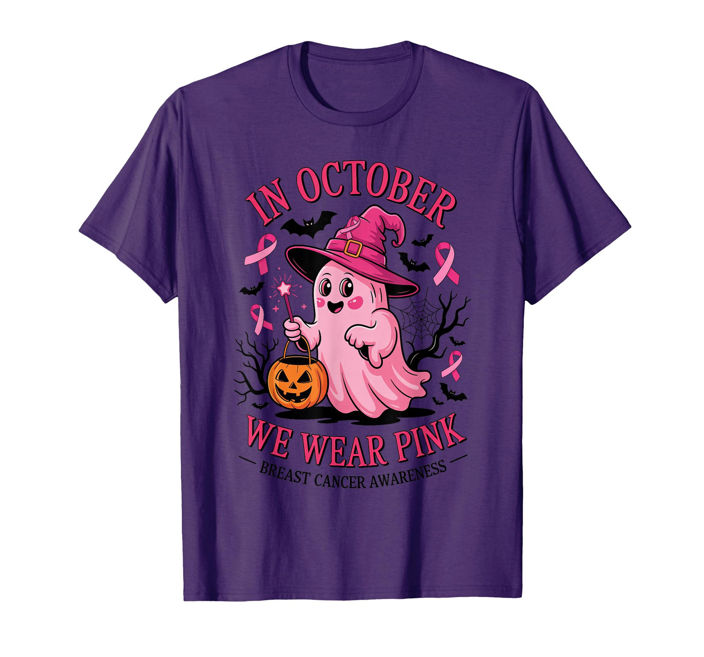 Ghost Witch in October We Wear Pink Breast Cancer Awareness T-Shirt