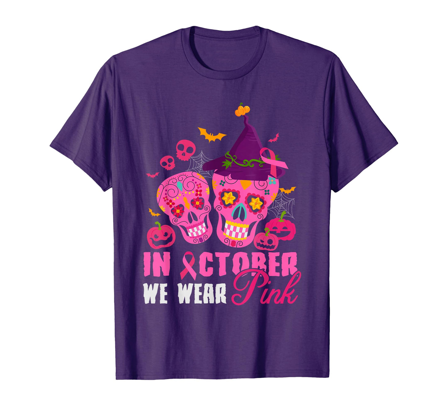 Halloween Breast Cancer in October We Wear Pink Skull Witch T-Shirt