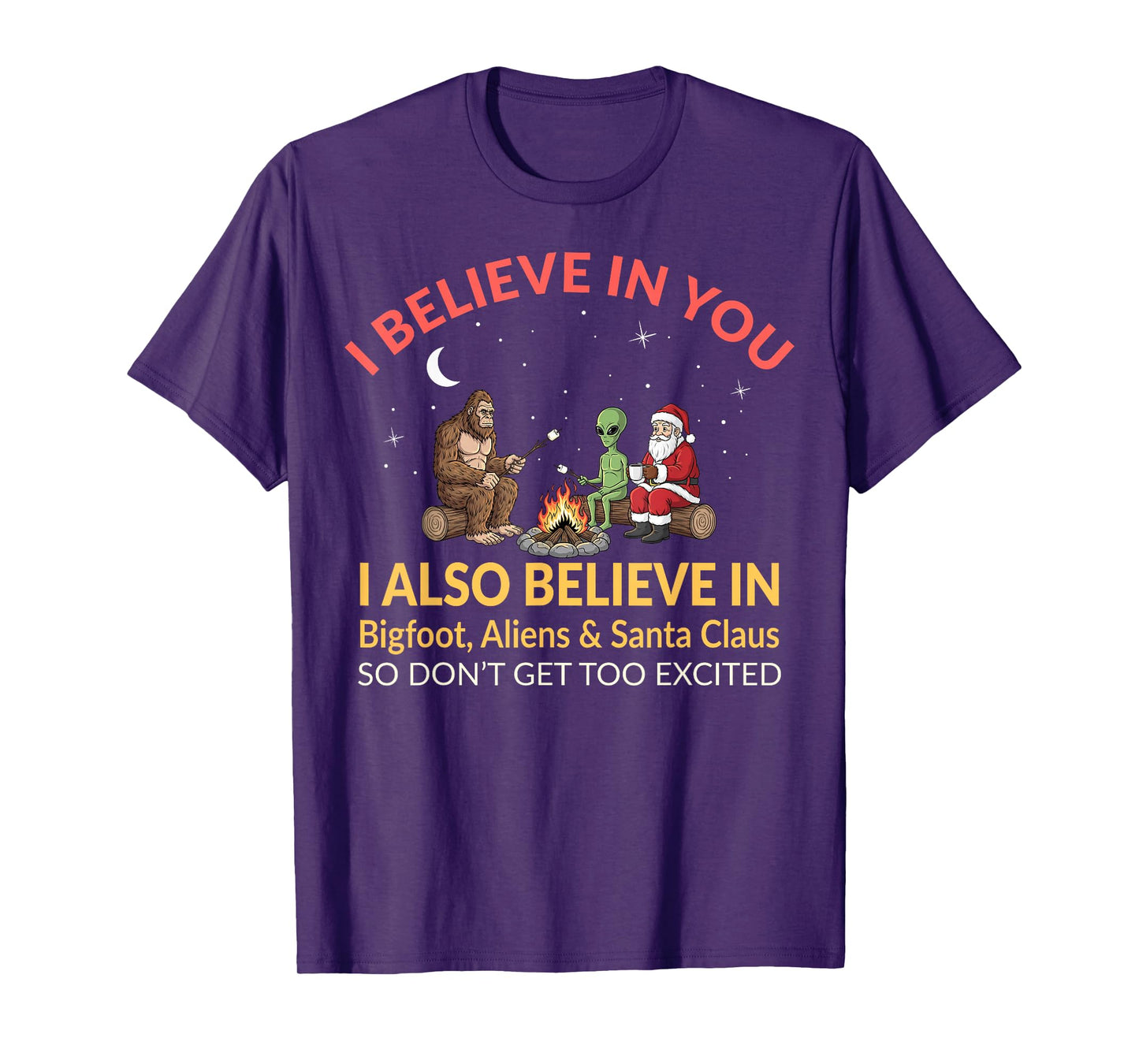I Believe in You Funny Bigfoot Aliens Santa Claus Campfire T-Shirt