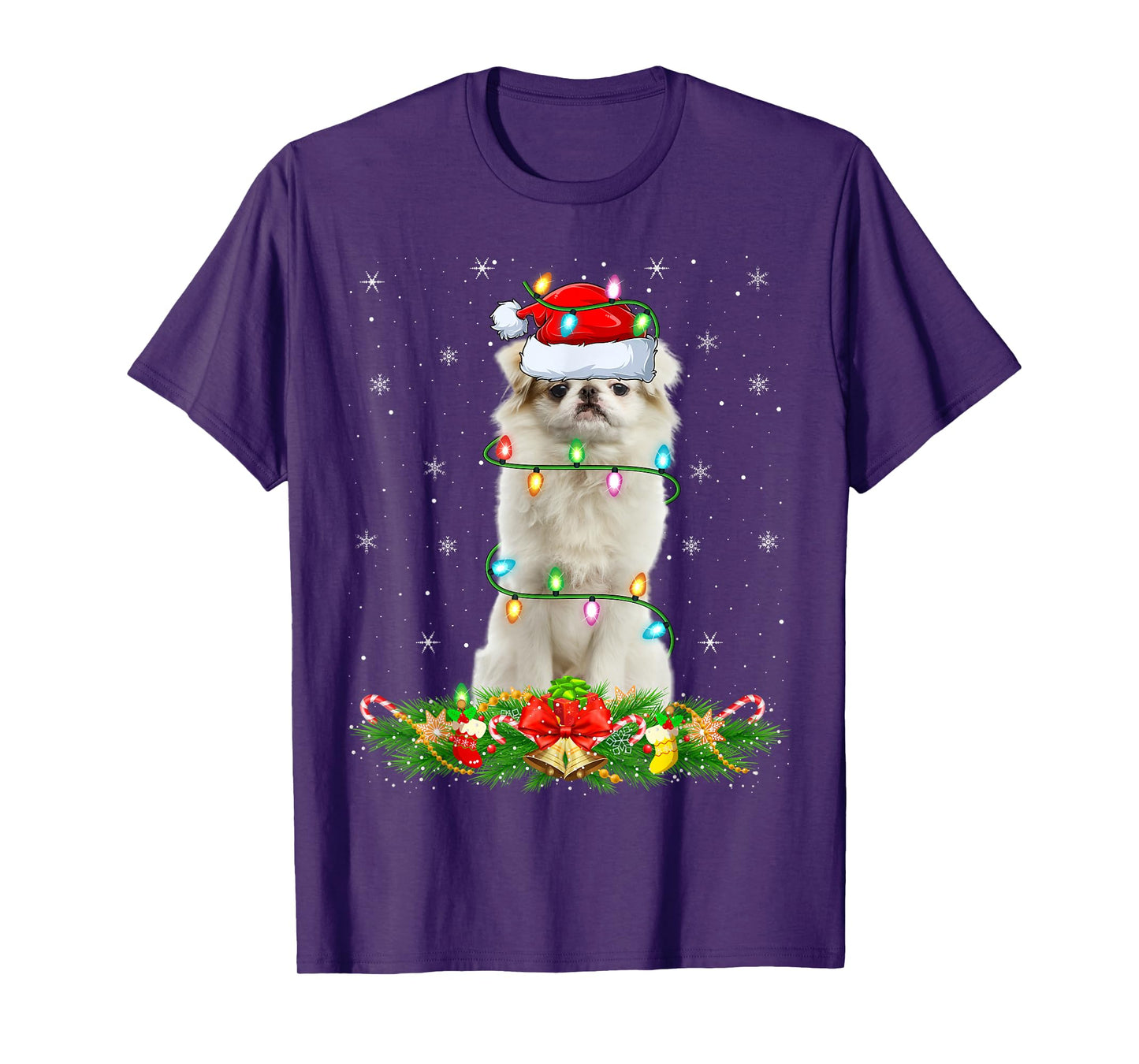 Japanese Chin Dog Christmas Lights Funny Santa Hat Xmas T-Shirt