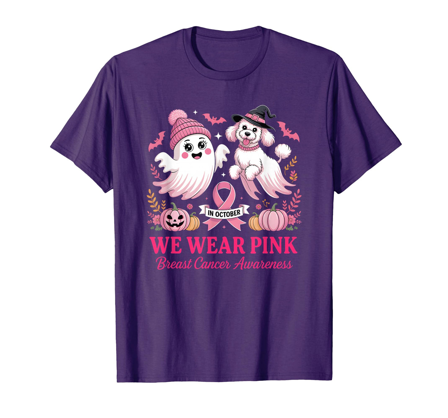 in October We Wear Pink Ghost Poodle Breast Cancer Awareness T-Shirt