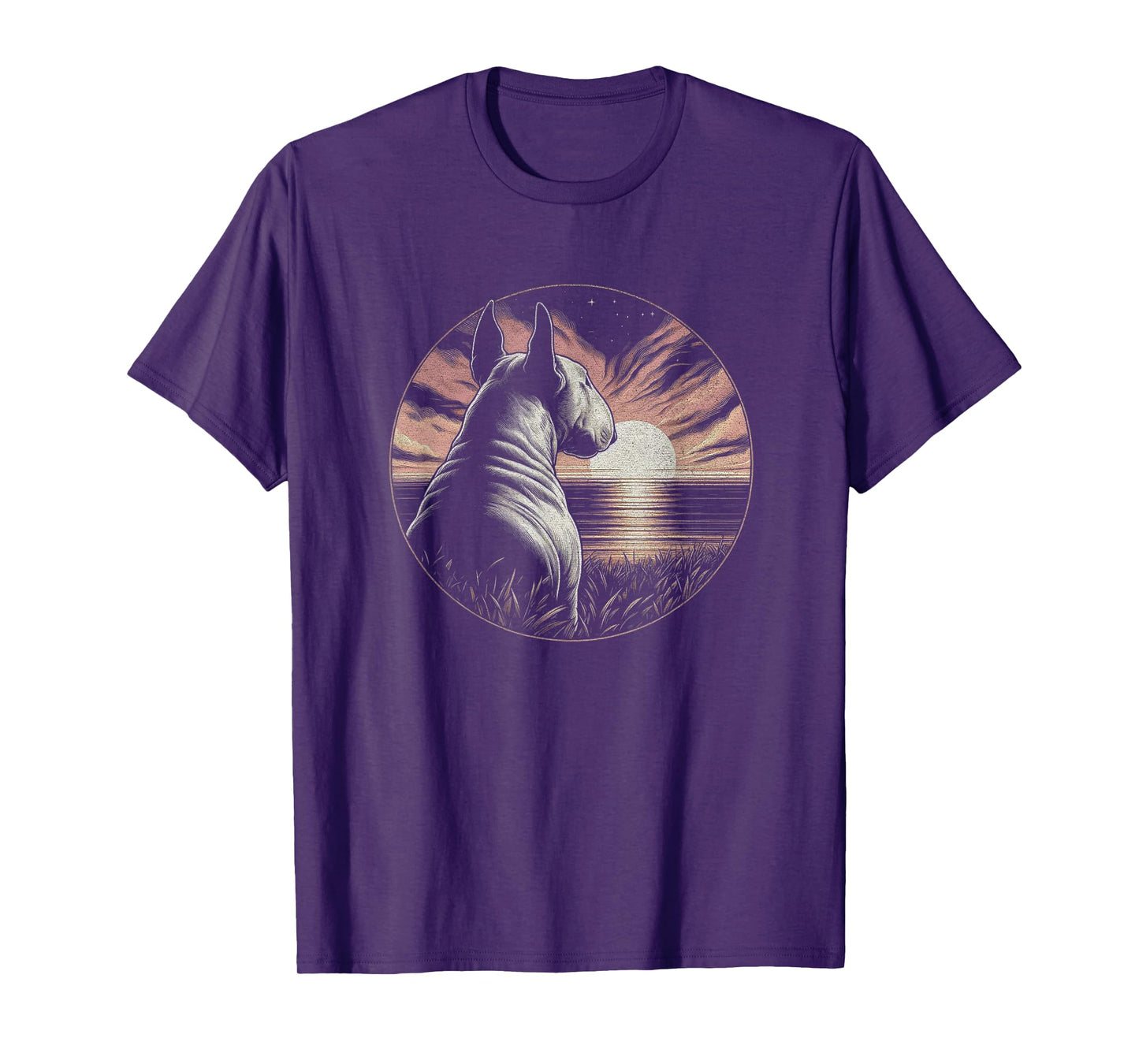 Vintage Bull Terrier Dog Retro Sunset Scene Art Design T-Shirt