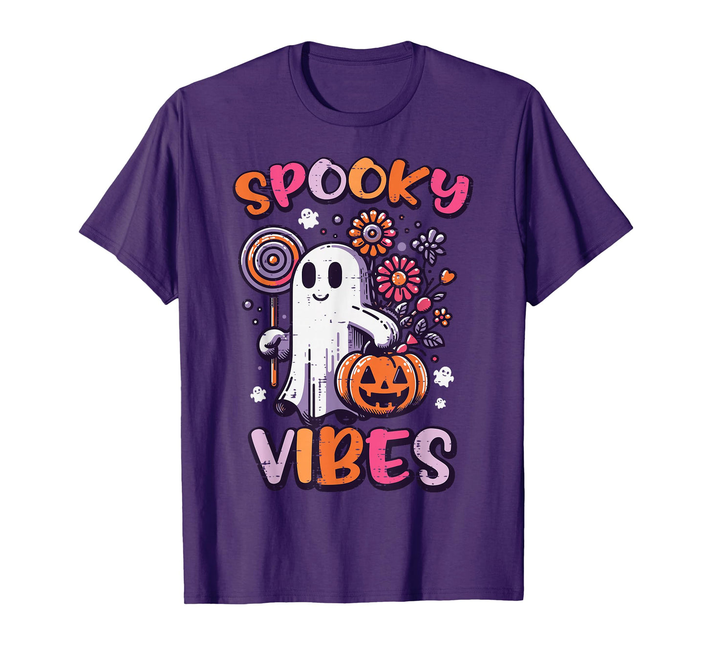 Halloween Ghost Spooky Vibes Retro Costume Girls Kids Women T-Shirt