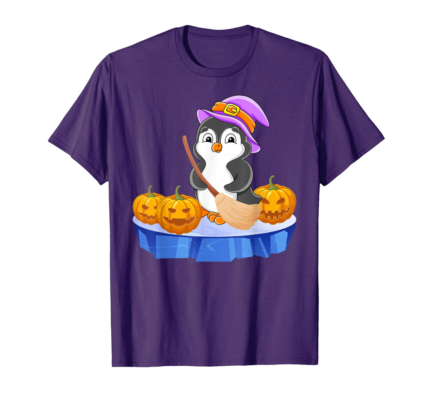 Funny Penguin in Witch Costume Pumpkins Happy Halloween Day T-Shirt