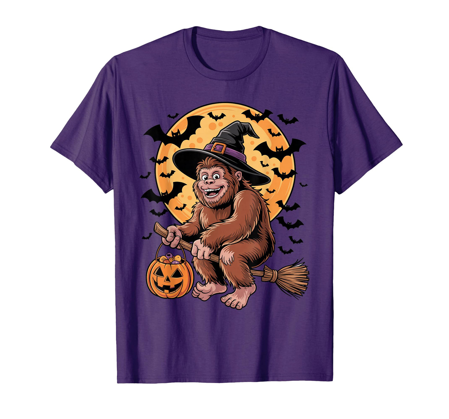 Halloween Bigfoot Witch Hat and Broom Pumpkin Candy Bucket T-Shirt