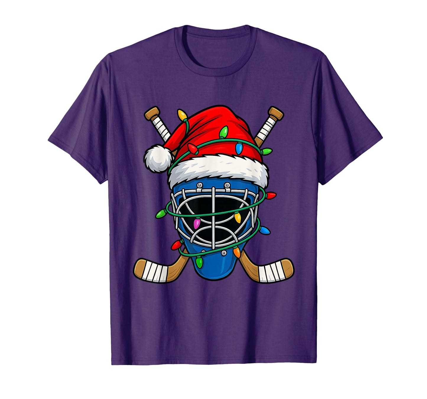 Christmas Hockey Santa Hat Lights Colorful Funny Player T-Shirt