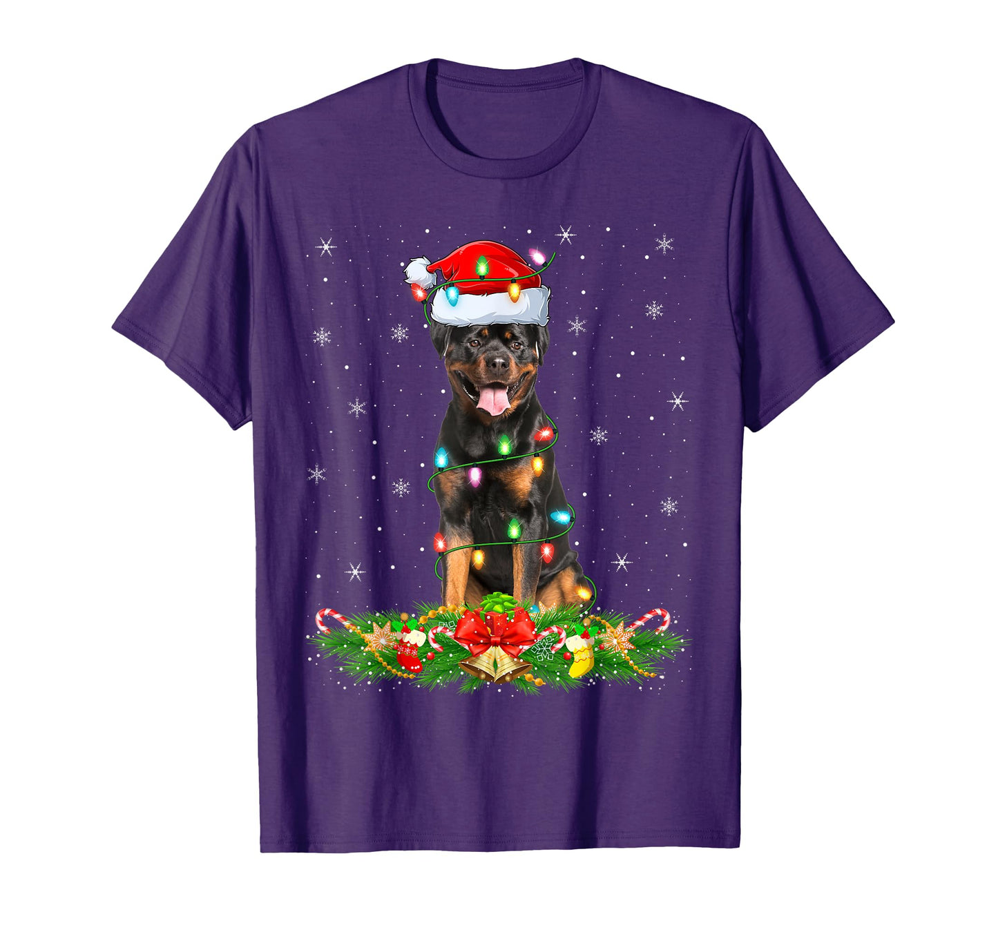 Rottweiler Dog Christmas Lights Funny Santa Hat Xmas T-Shirt