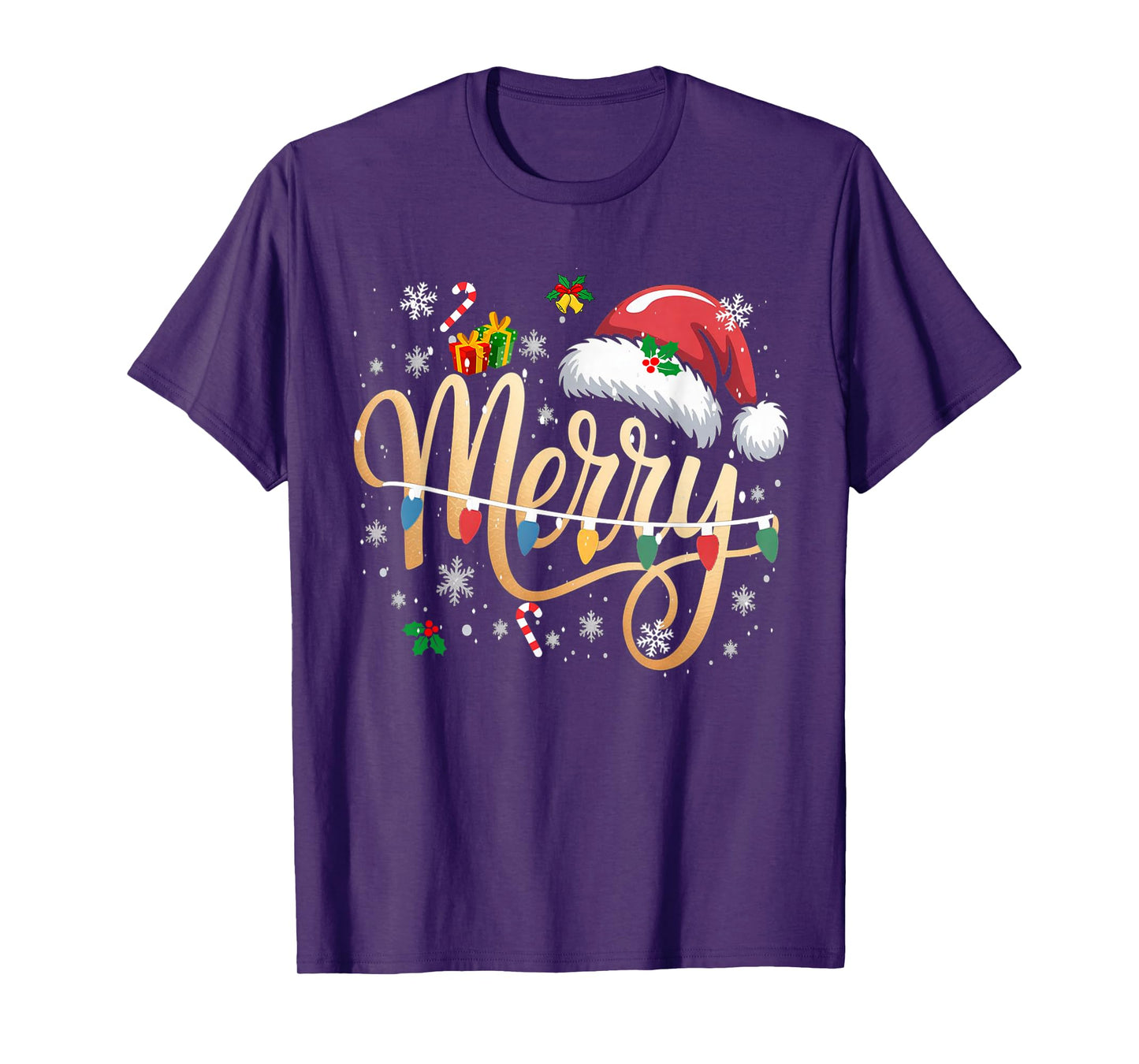 Merry Christmas Lights Red Santa Hat Xmas Men Women Kid T-Shirt
