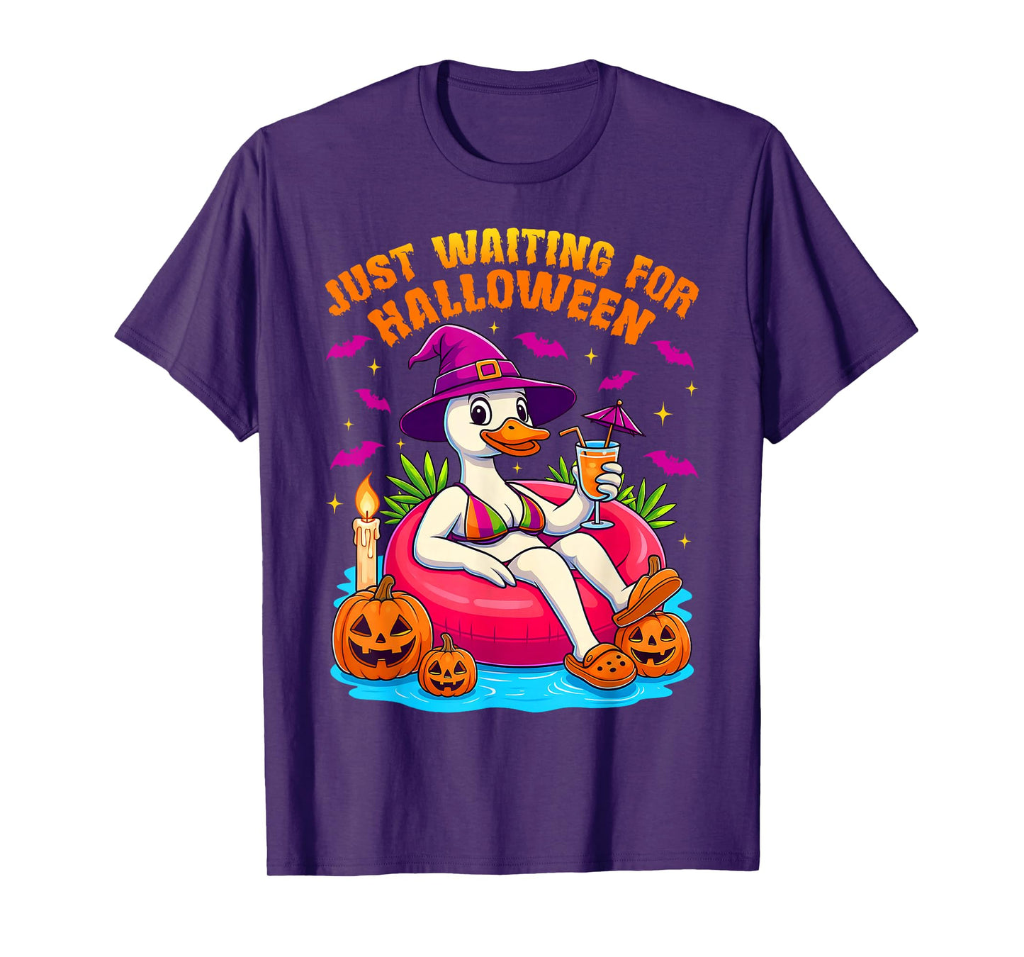 Funny Just Waiting for Halloween Goose & Wicth Hat On Float T-Shirt