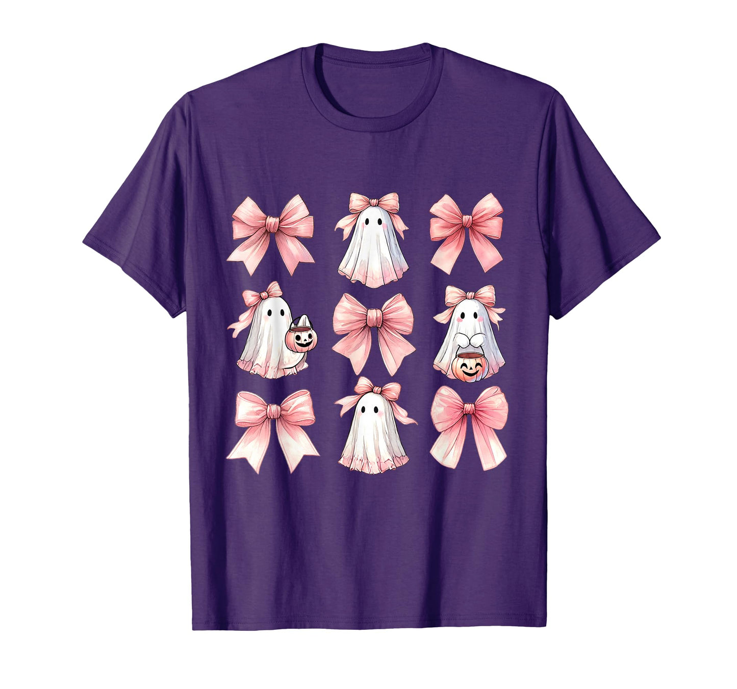 Cute Ghost Florals Pink Coquette Bows Pumpkins Halloween T-Shirt