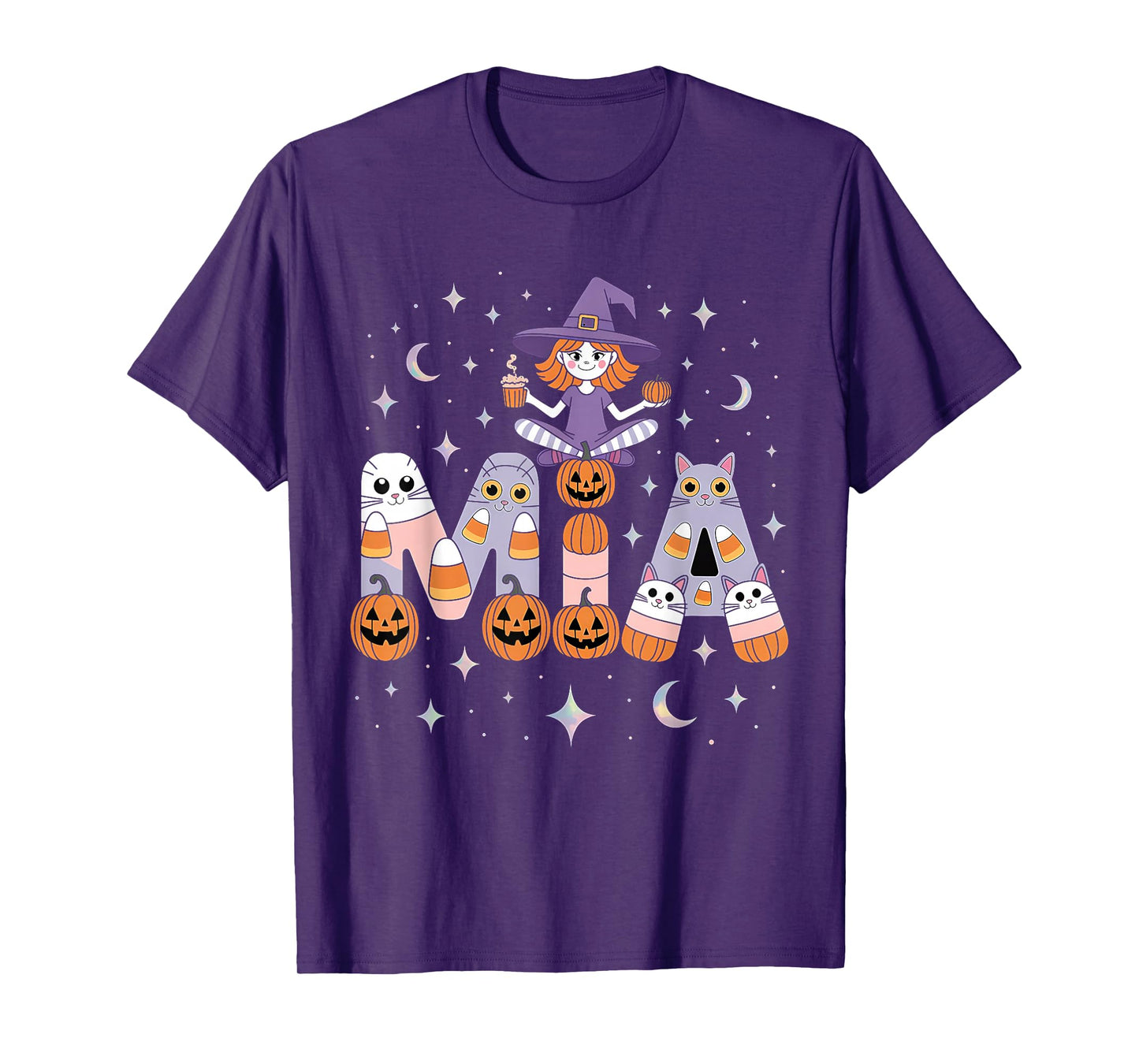 Mia Witch Candy Corn Cat Halloween Women and Girls T-Shirt