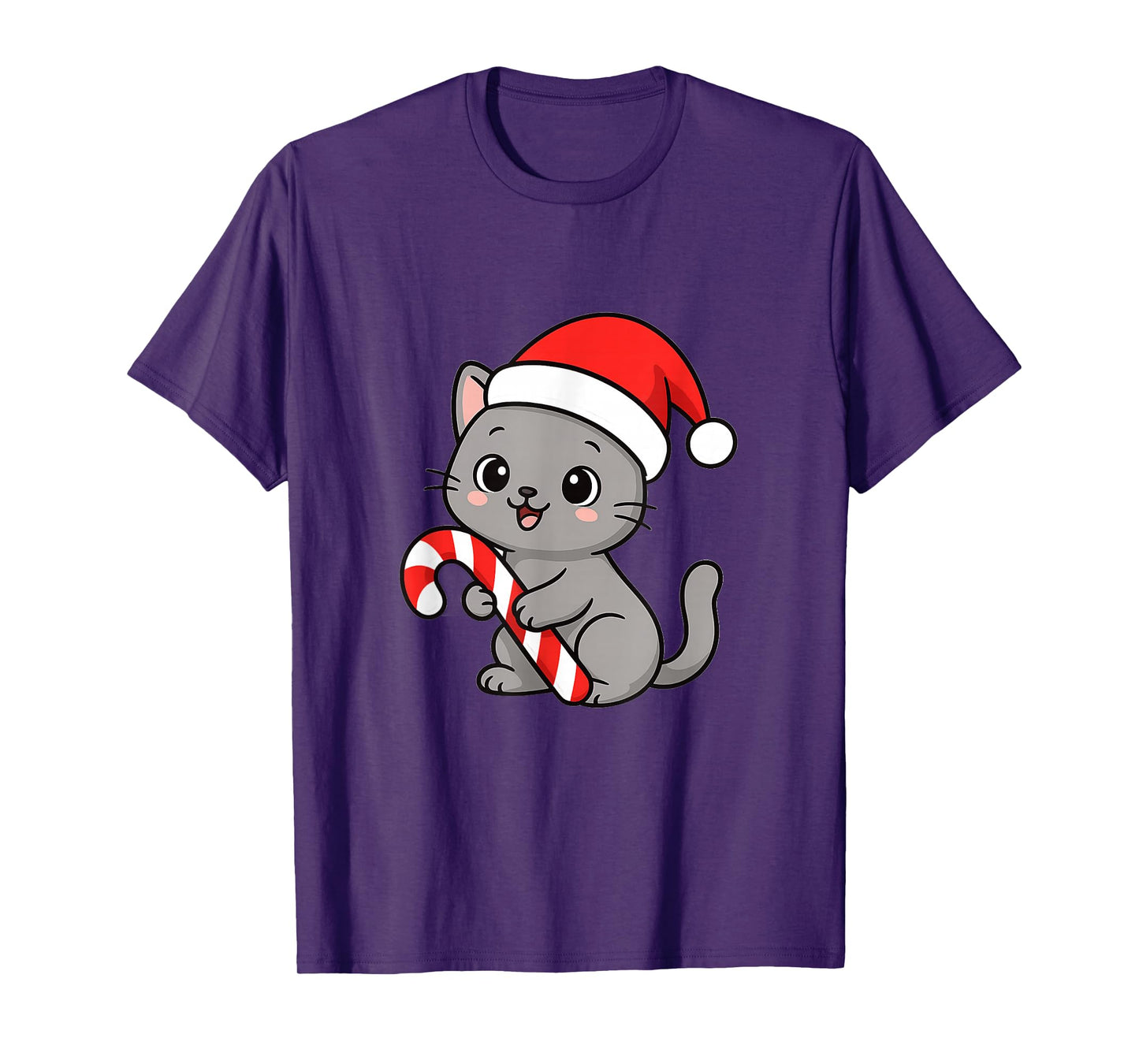Grey Cat with Santa Hat & Candy Cane T-Shirt