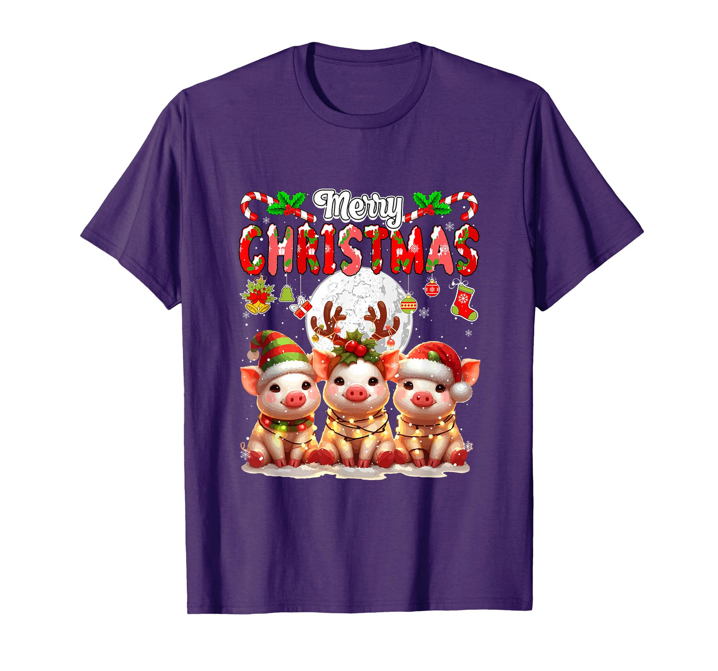 Merry Christmas Three Santa Reindeer Elf Pigs Colorful T-Shirt