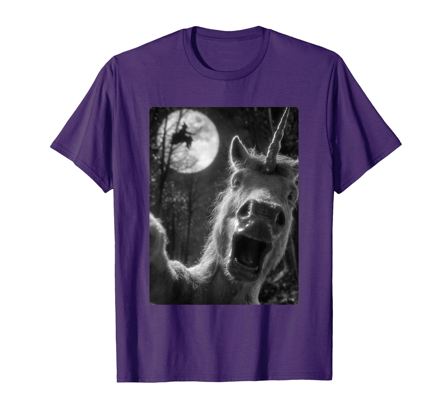 Funny Unicorn Selfie Full Moon Flying Witch Forest Halloween T-Shirt