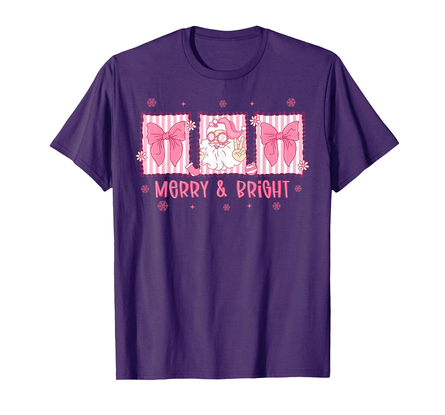 Merry and Bright Pink Coquette Bow Santa Claus Christmas T-Shirt